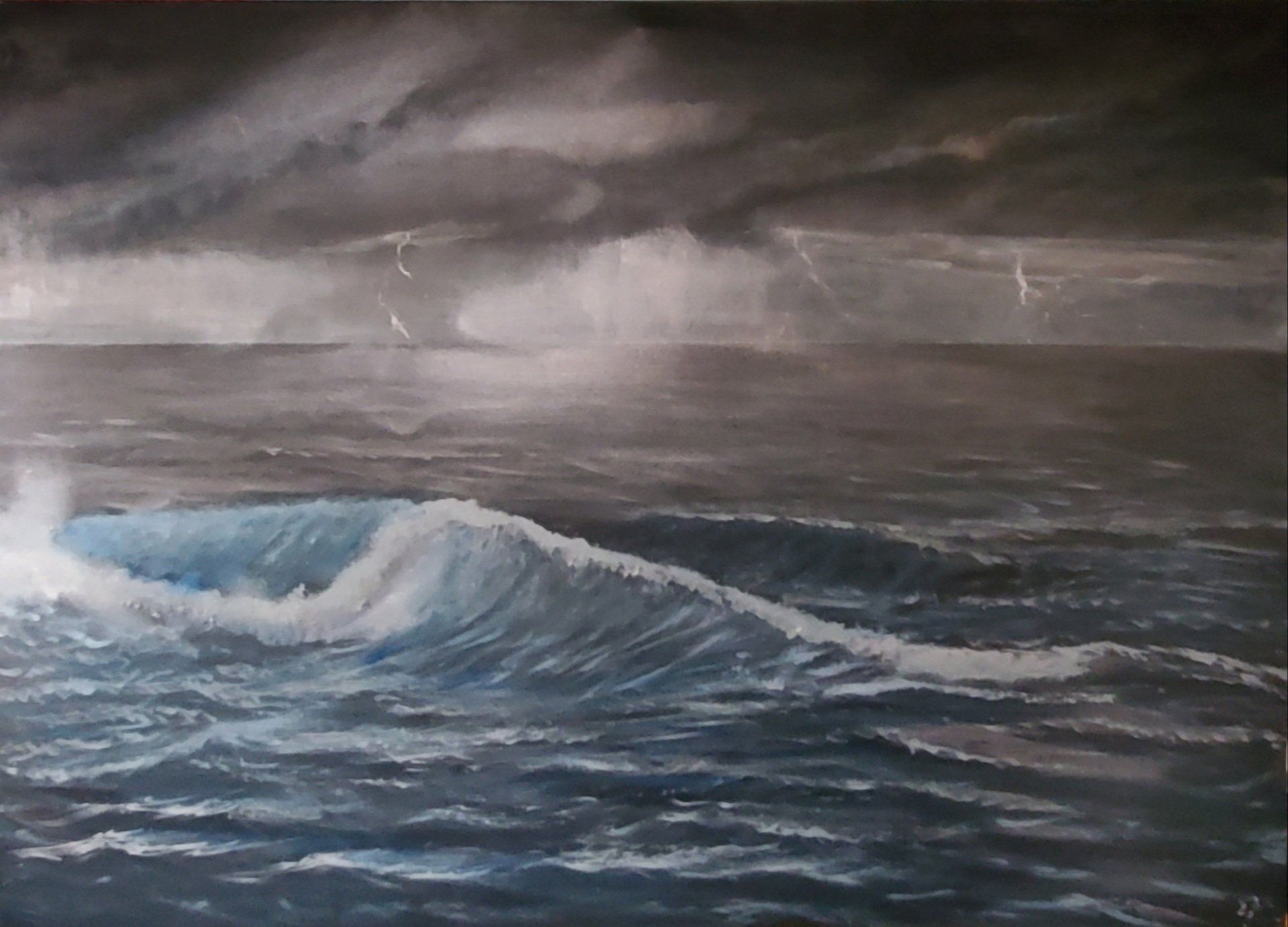 A painting of a stormy ocean with waves and lightning