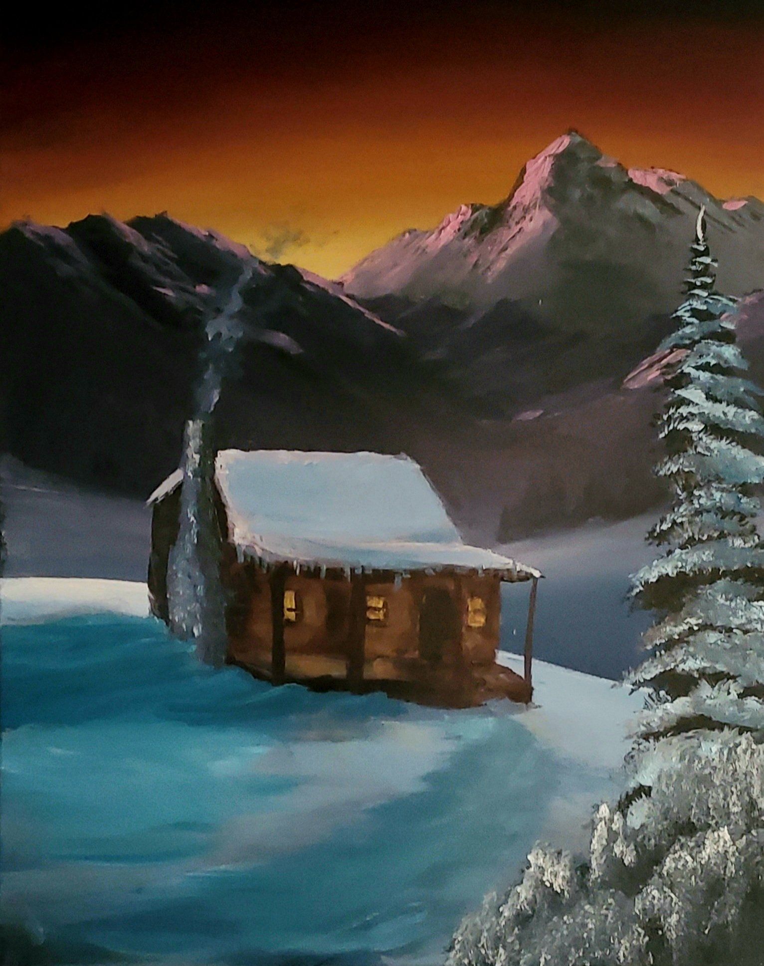 A painting of a cabin in the snow with mountains in the background