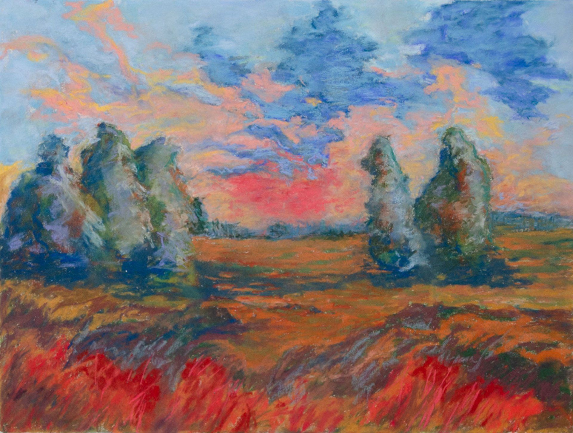A painting of a field with trees and a sunset in the background.