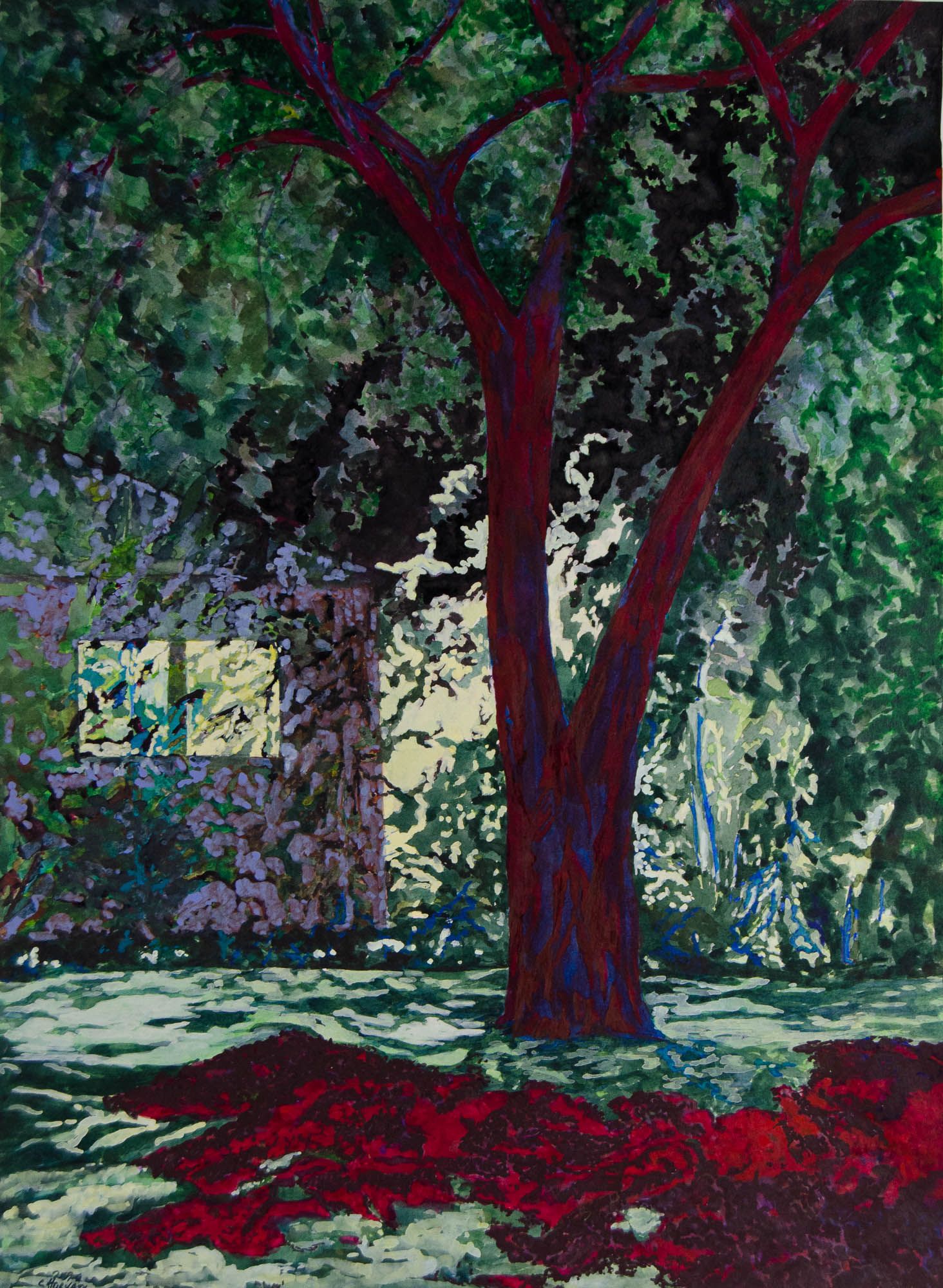 A painting of a tree in a park with a window in the background.