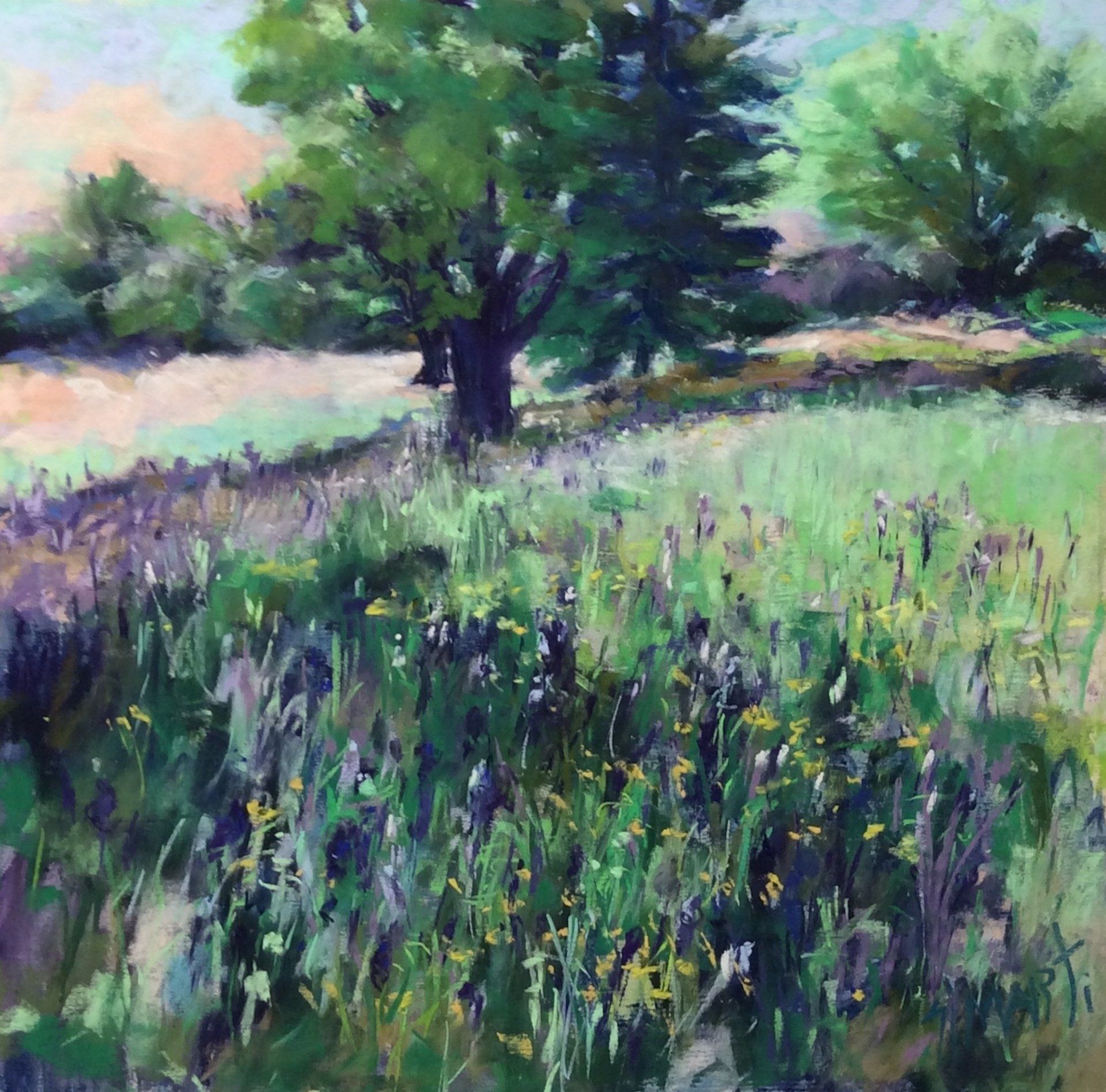 A painting of a field of grass and flowers with trees in the background.