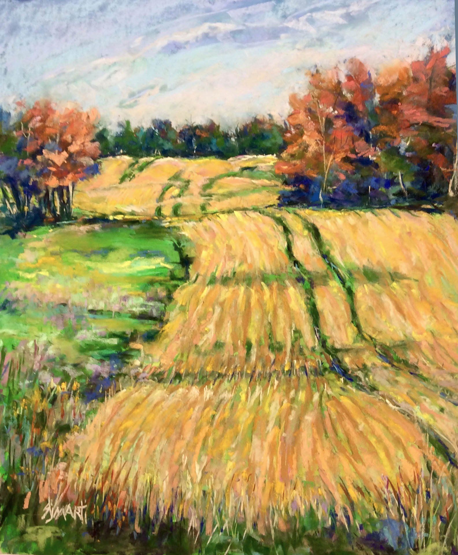 It is a painting of a field with trees in the background.