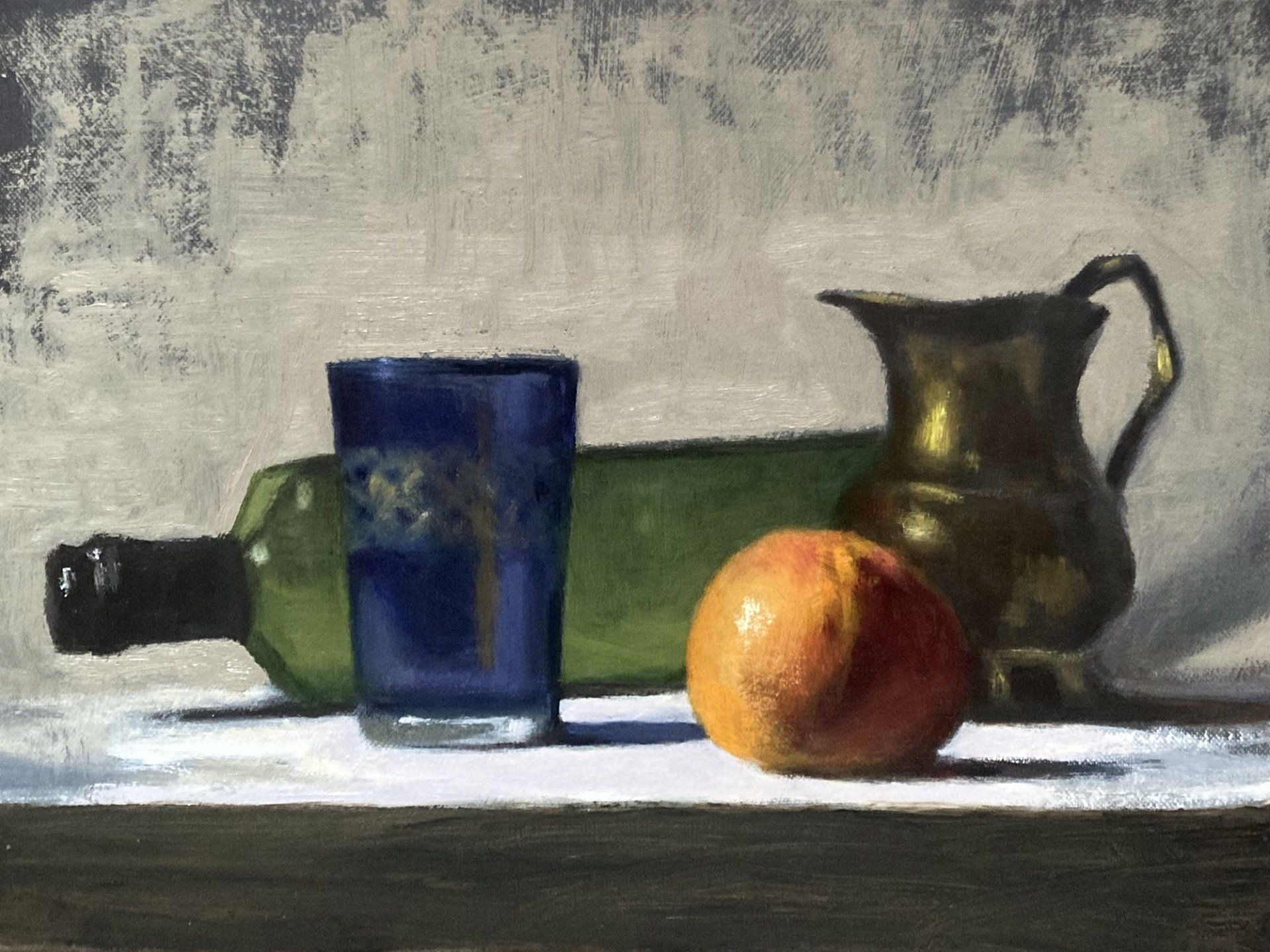 A painting of a bottle , glass , pitcher and apple on a table.