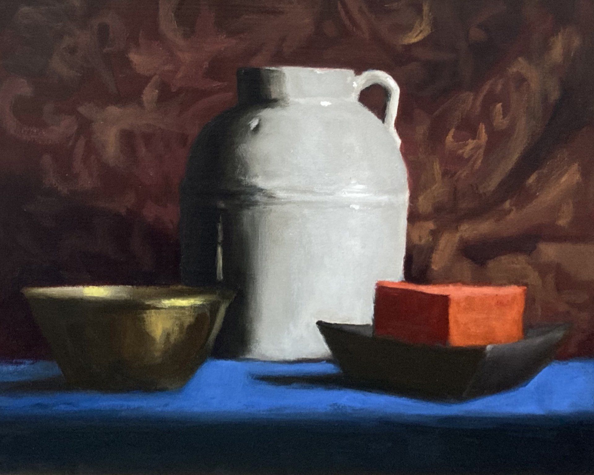 A painting of a vase a bowl and a block on a table