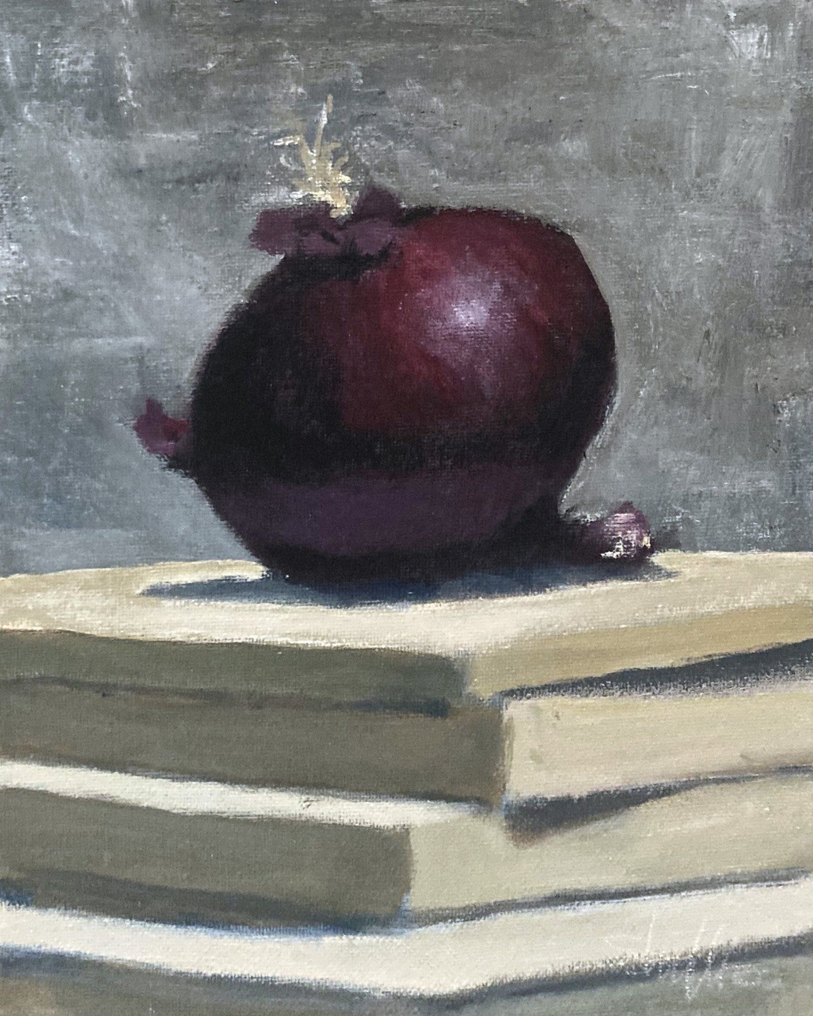 A painting of an onion sitting on top of a stack of books