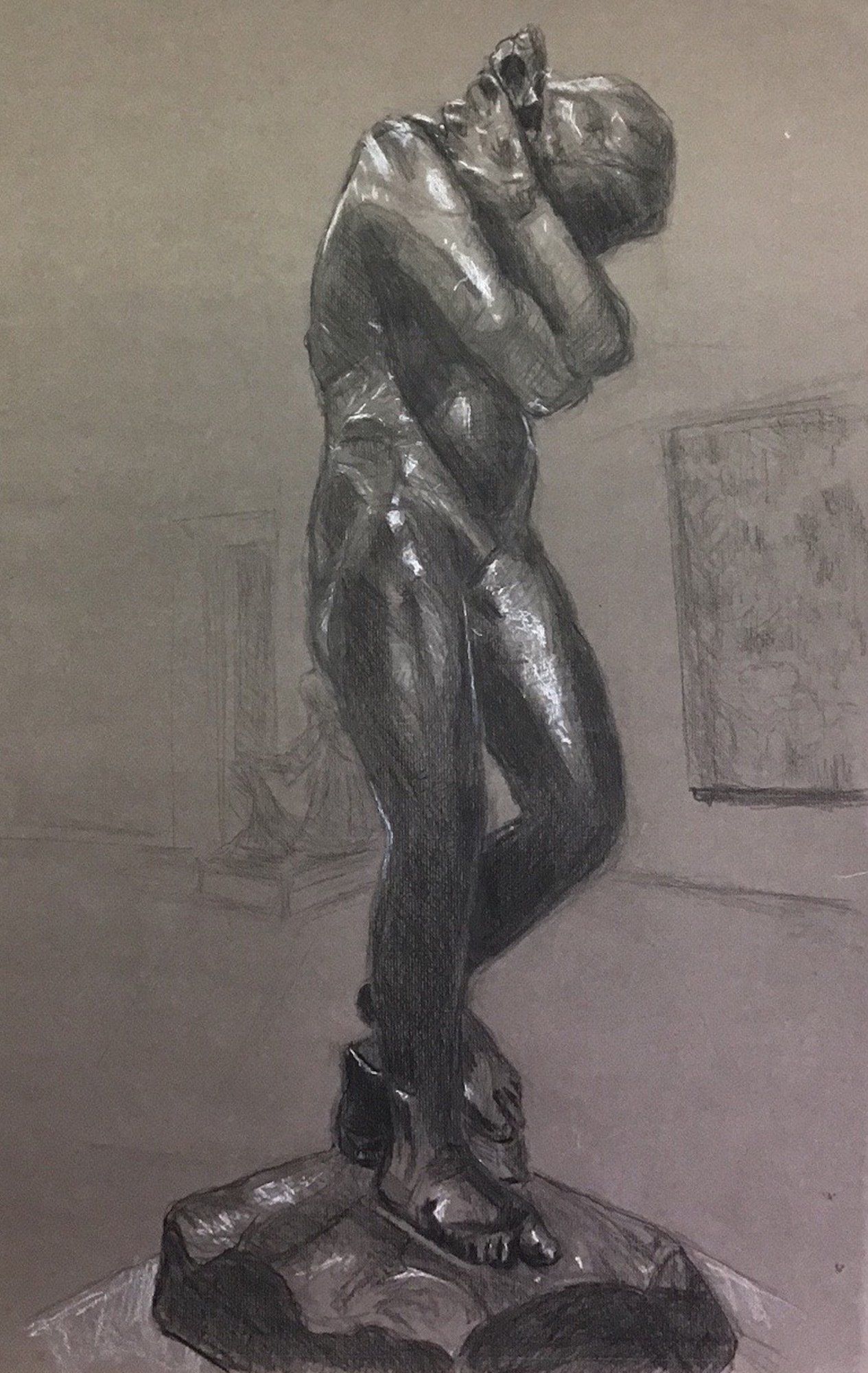 A black and white drawing of a statue of a man hugging a woman.