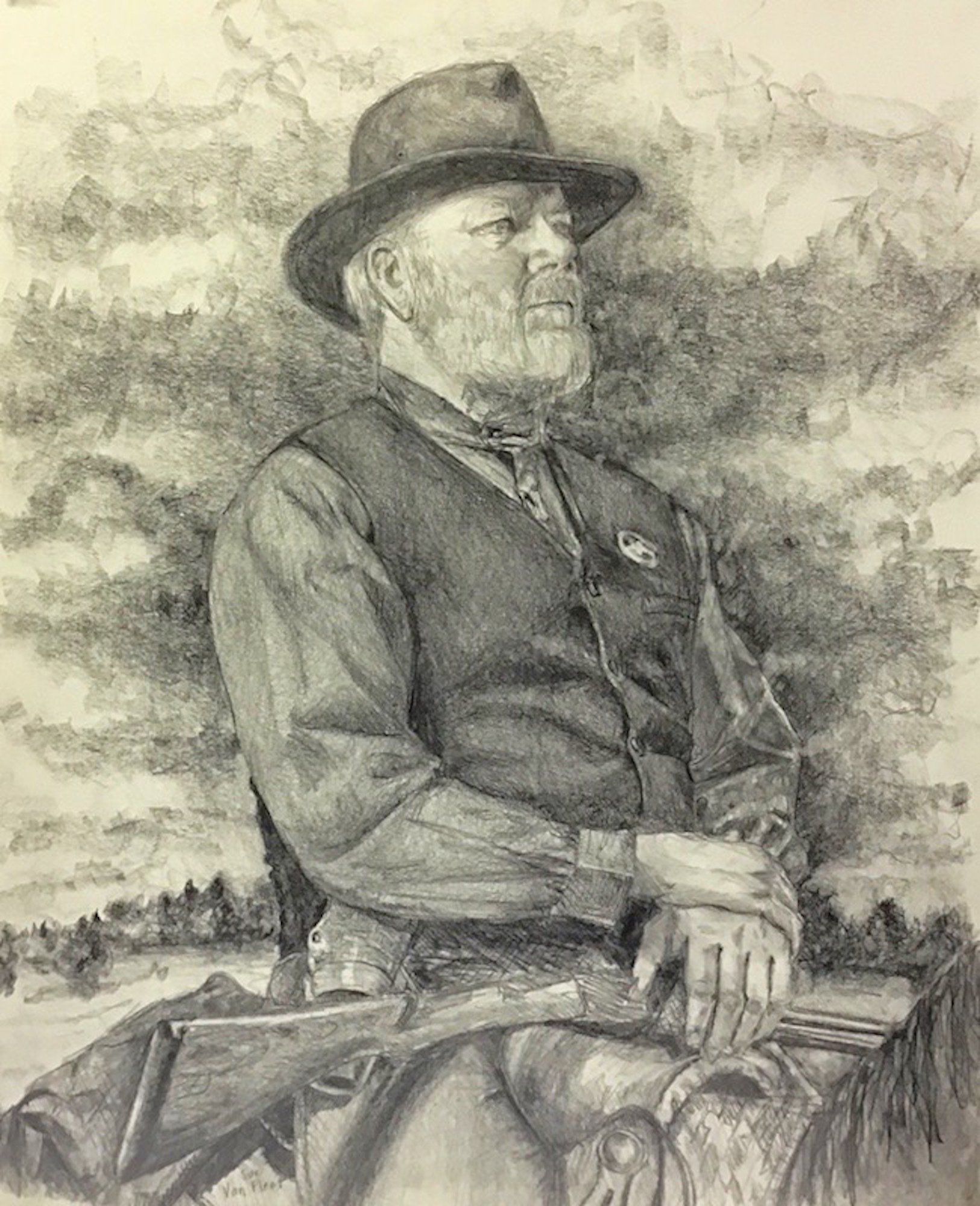 A black and white drawing of a man riding a horse.