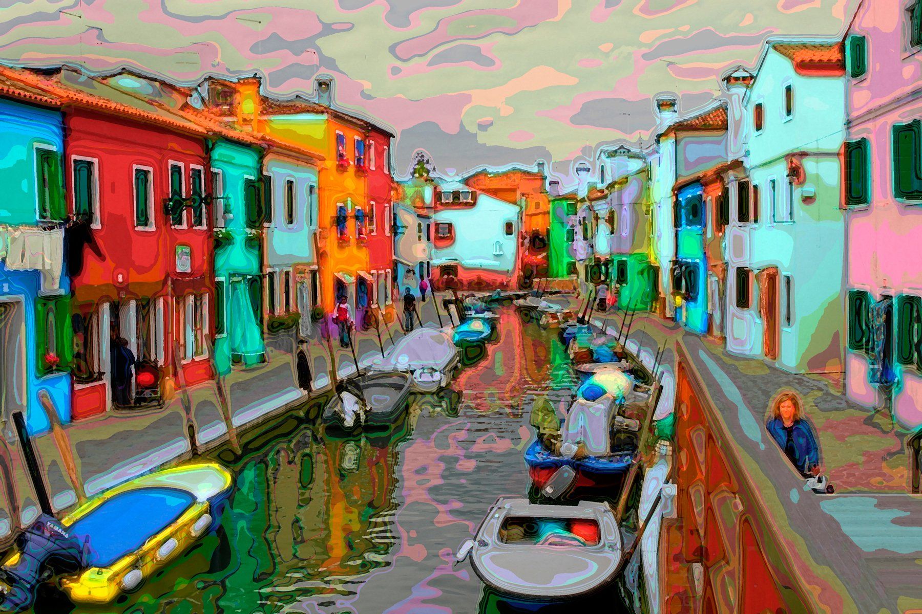 A painting of a canal surrounded by colorful buildings and boats.