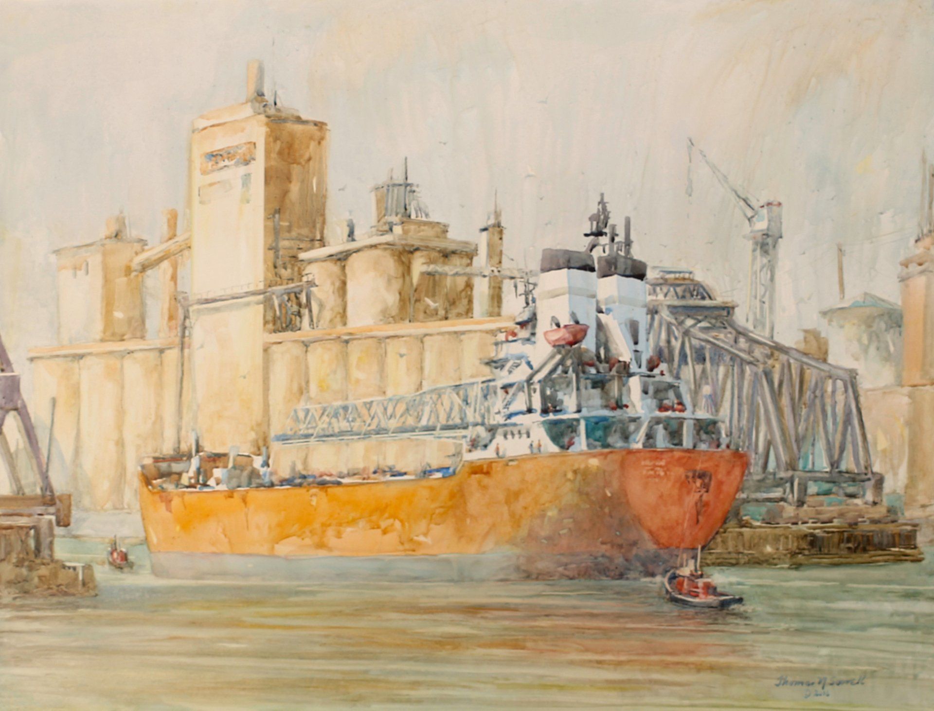 A painting of a large ship in a harbor with a bridge in the background.