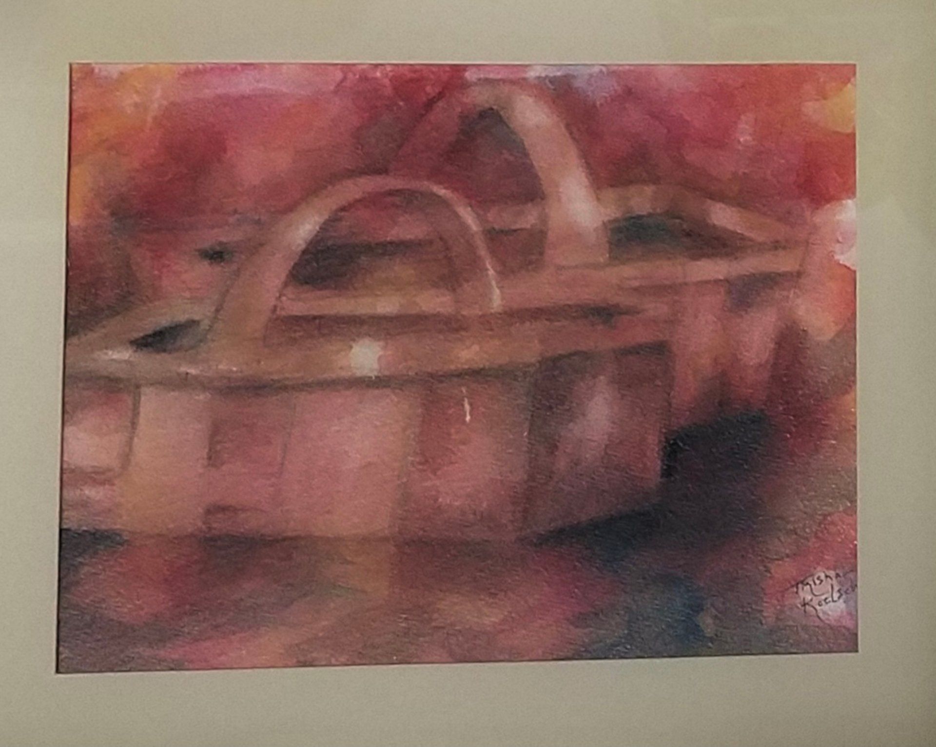A painting of a basket on a red background