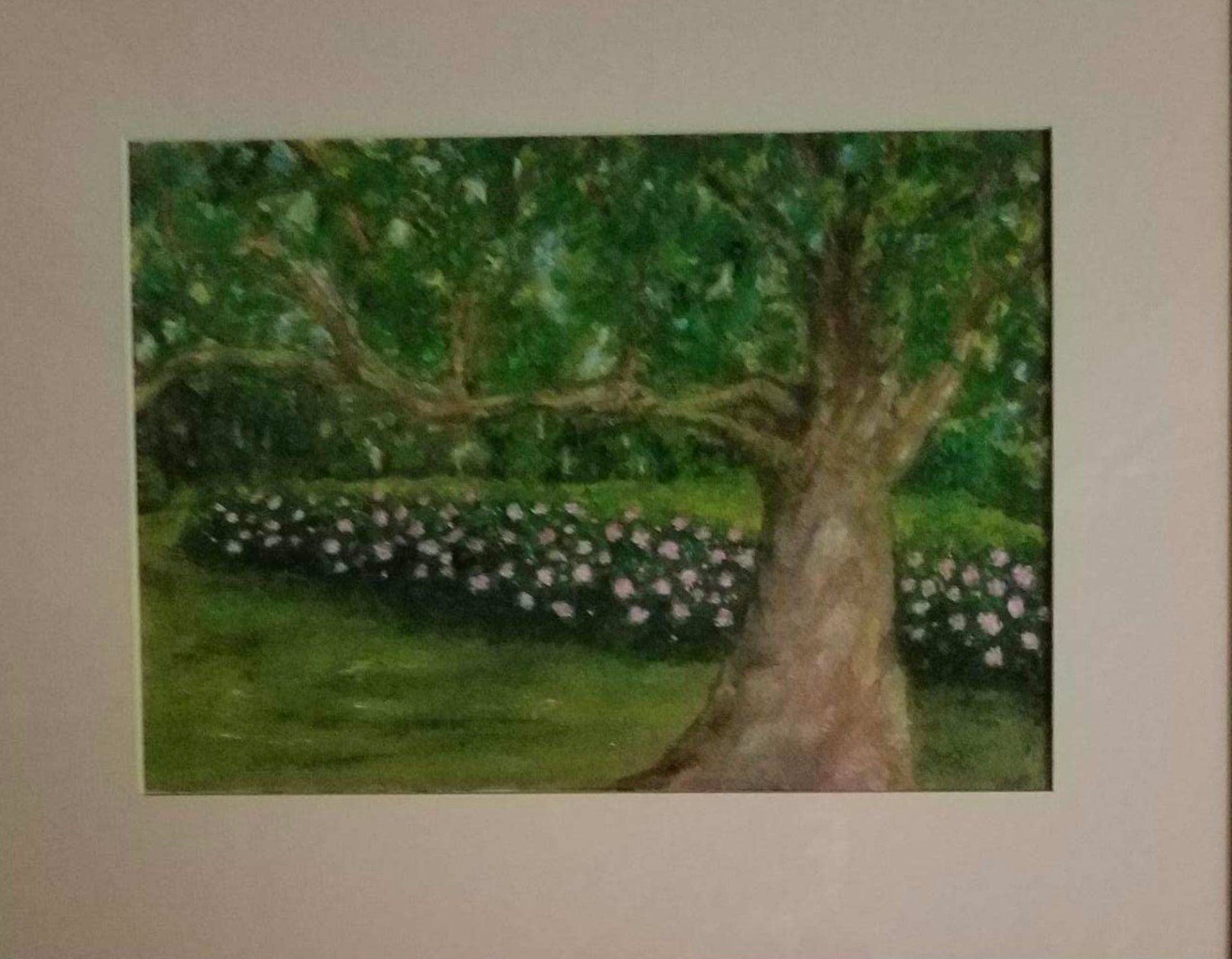 A painting of a tree in a garden with white flowers.