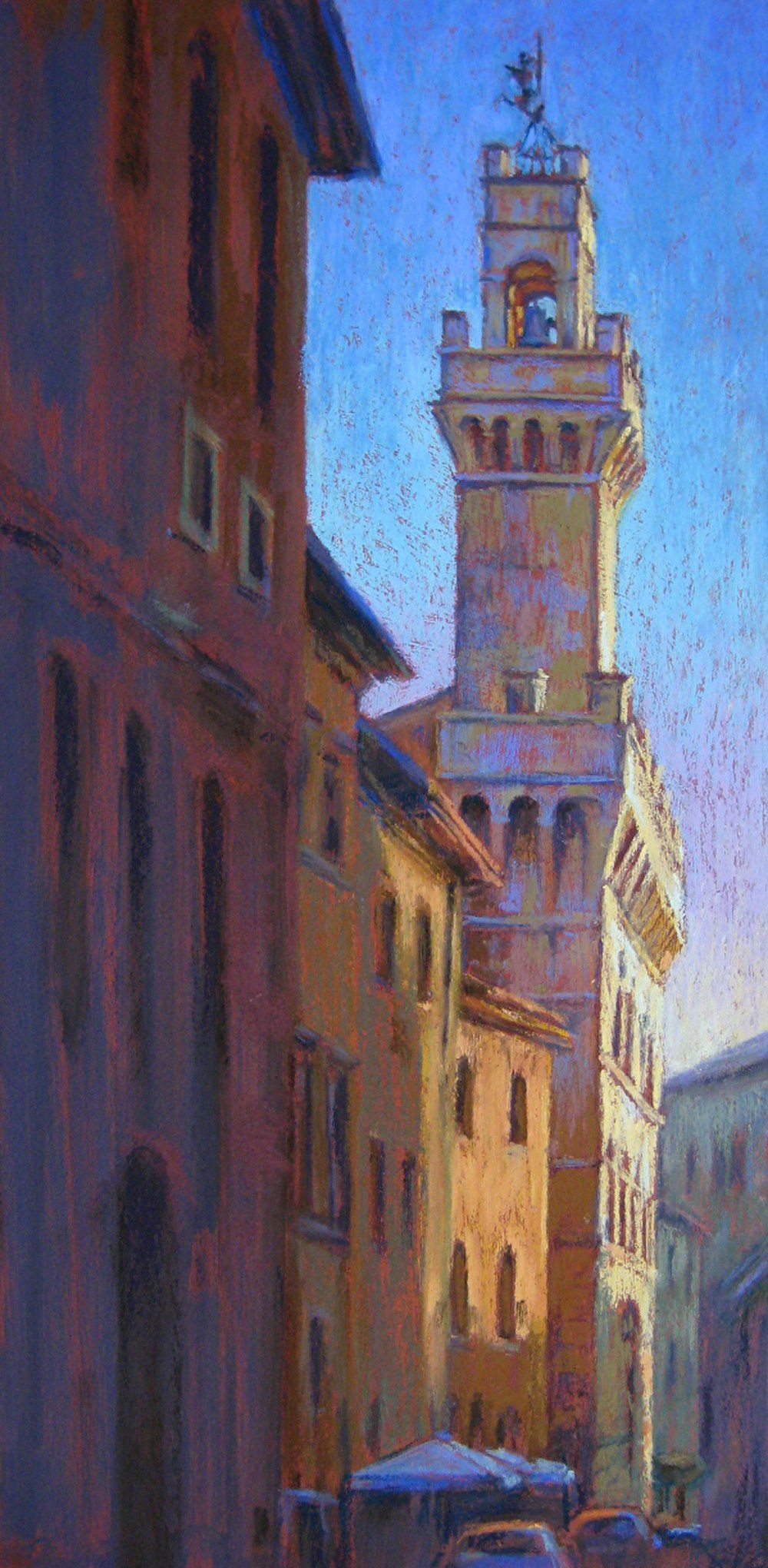 A painting of a tower between two buildings in a city.