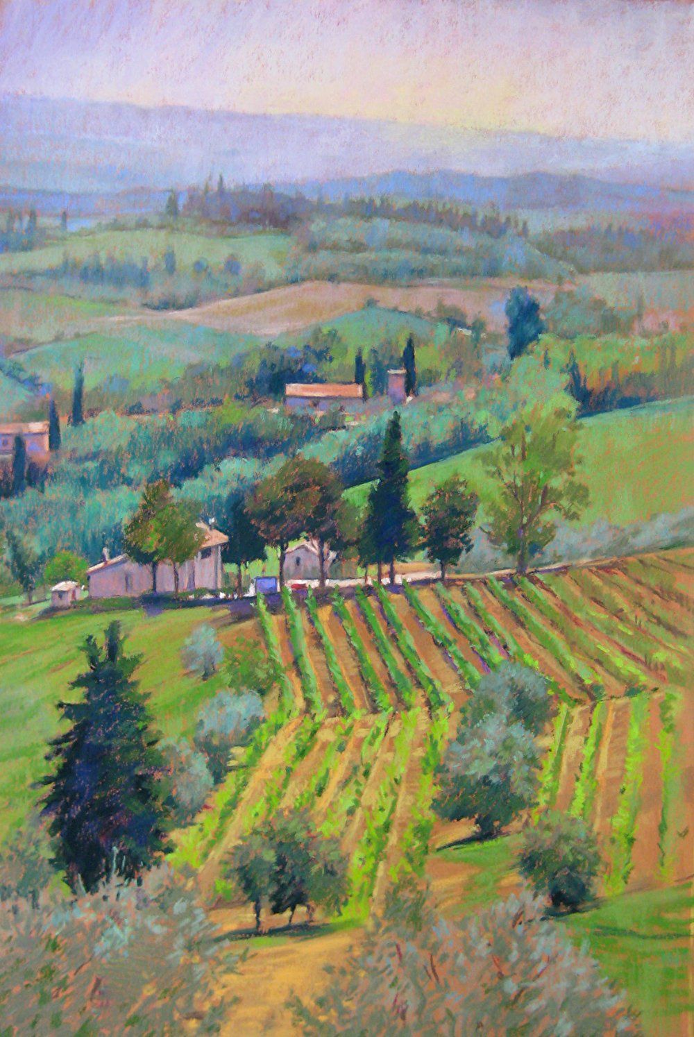 A painting of a landscape with a vineyard in the foreground and a village in the background.