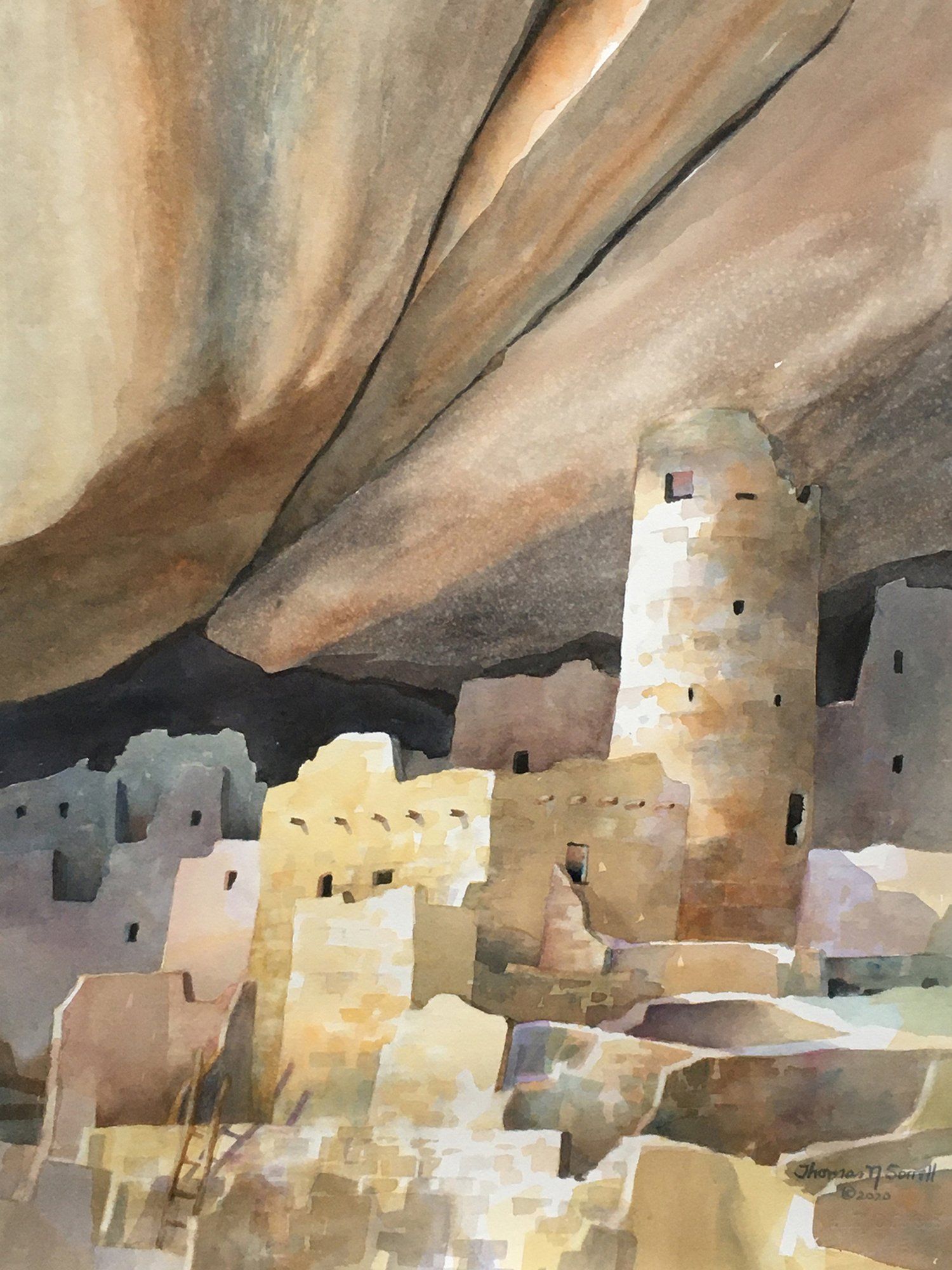 A watercolor painting of a castle in the desert