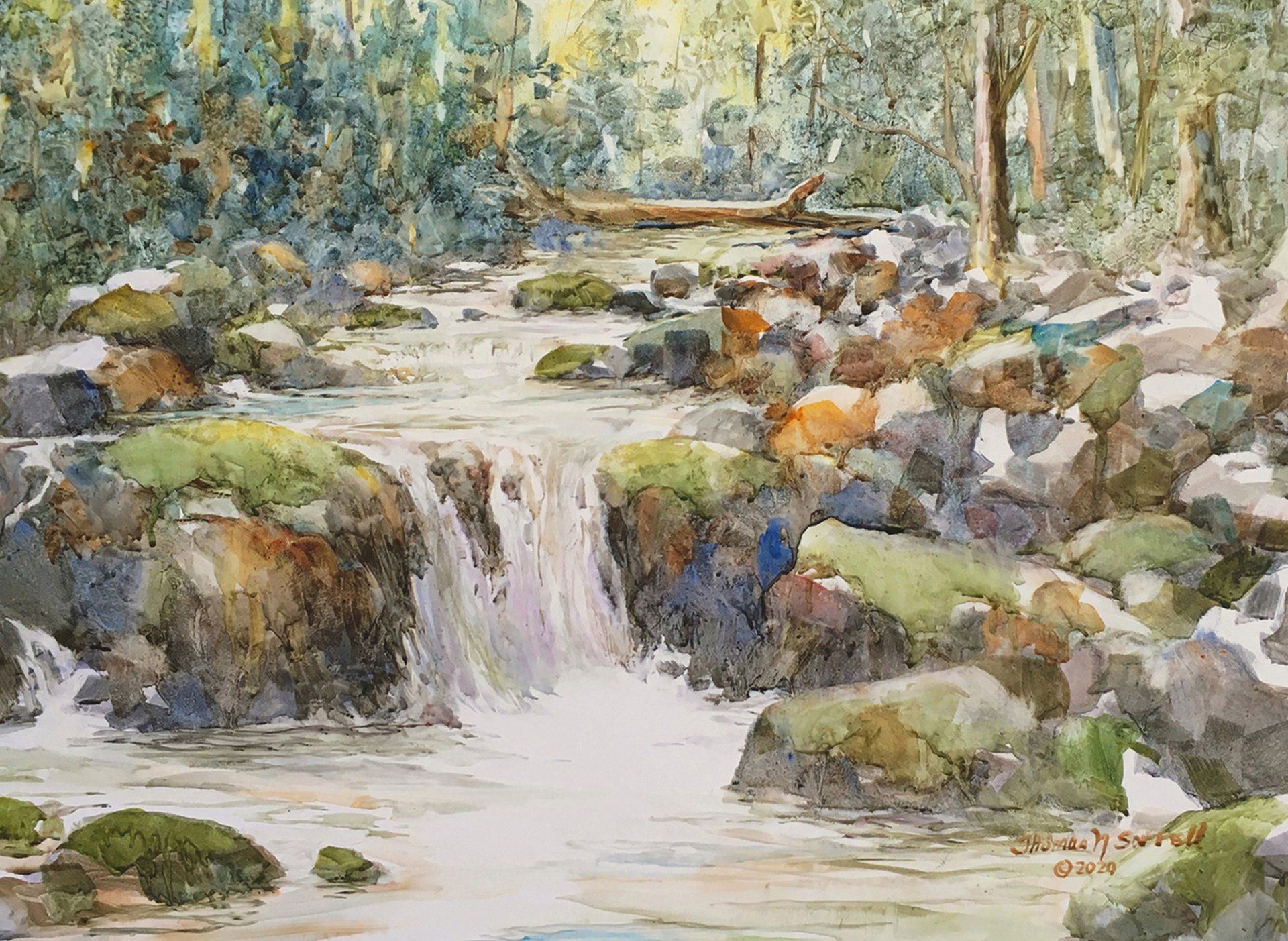 A waterfall is surrounded by rocks and trees in a painting.