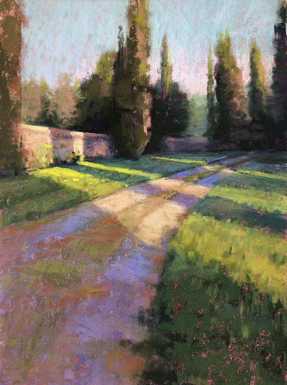 A painting of a dirt road surrounded by grass and trees.