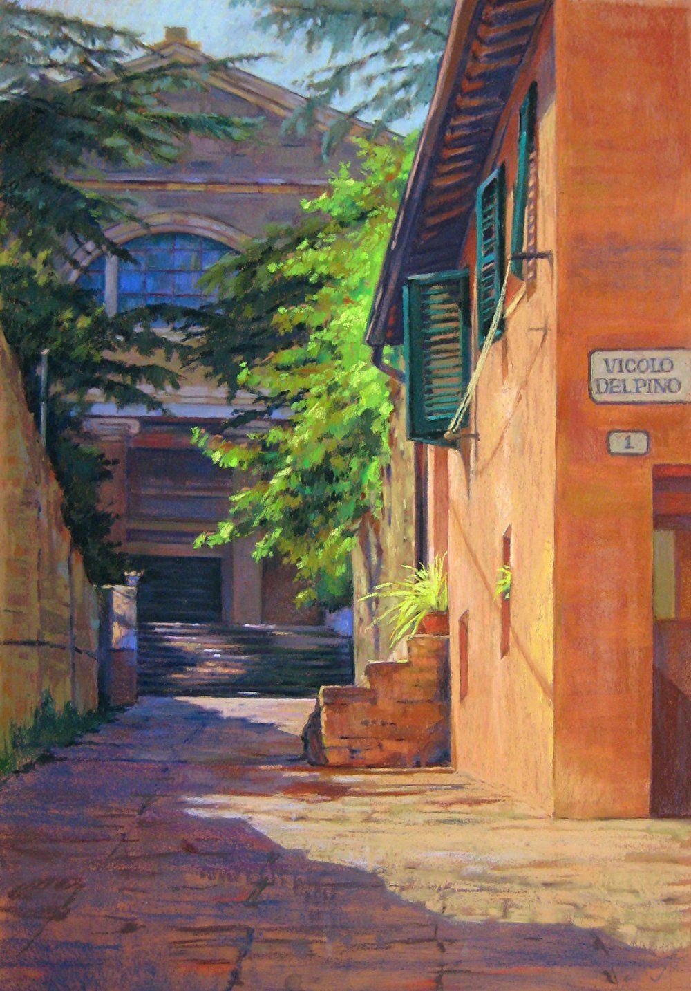 A painting of a narrow alleyway with a building in the background.