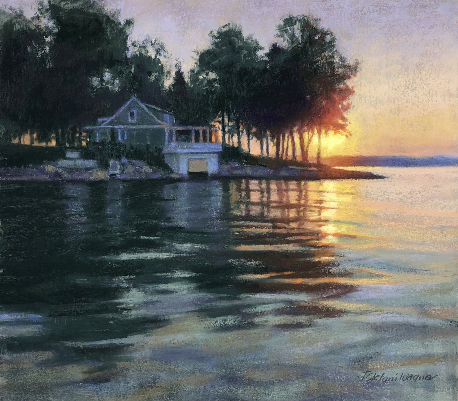 A painting of a house on a small island in the middle of a lake at sunset.