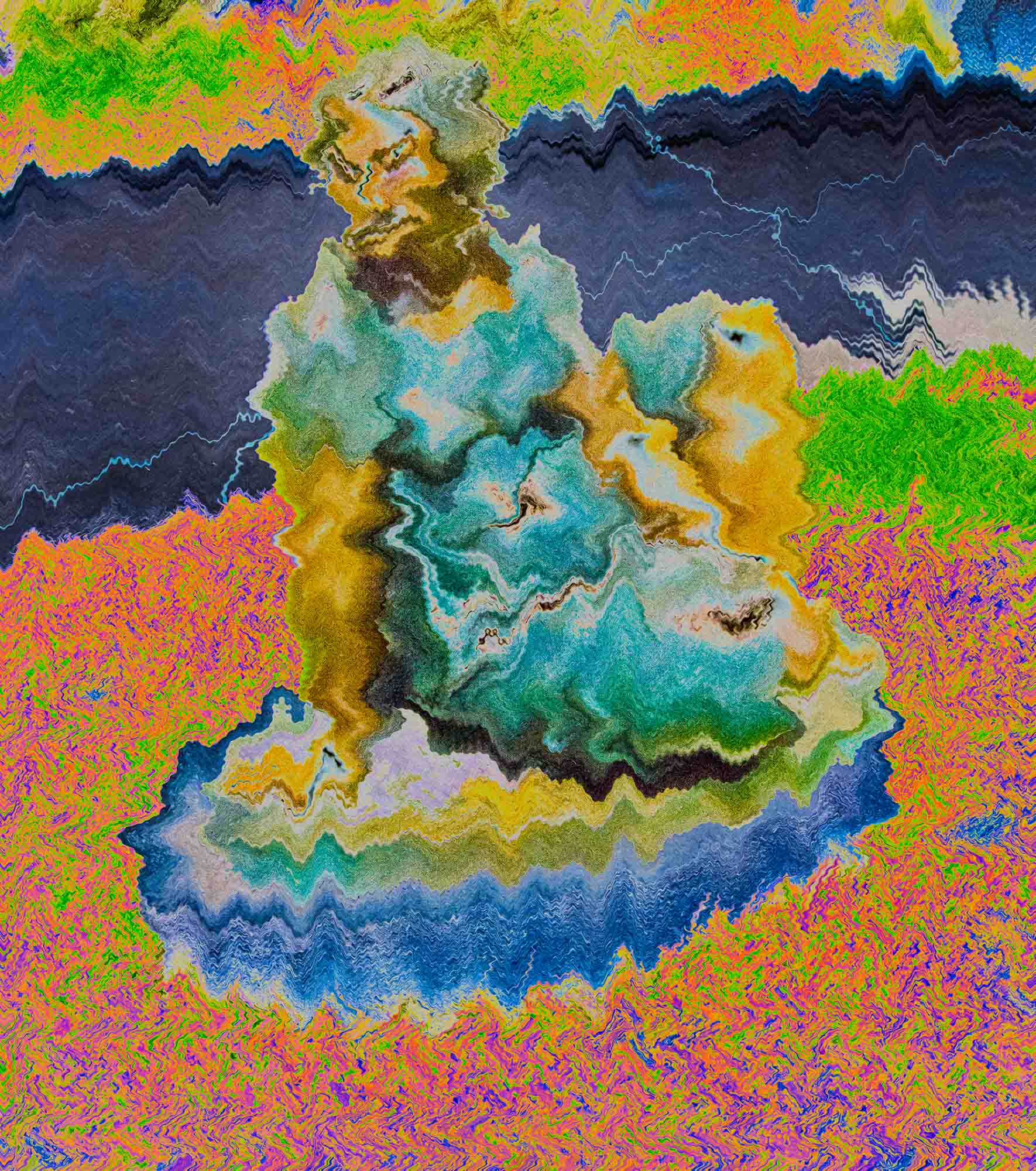 A colorful painting of a person sitting on a rock in the middle of a field.