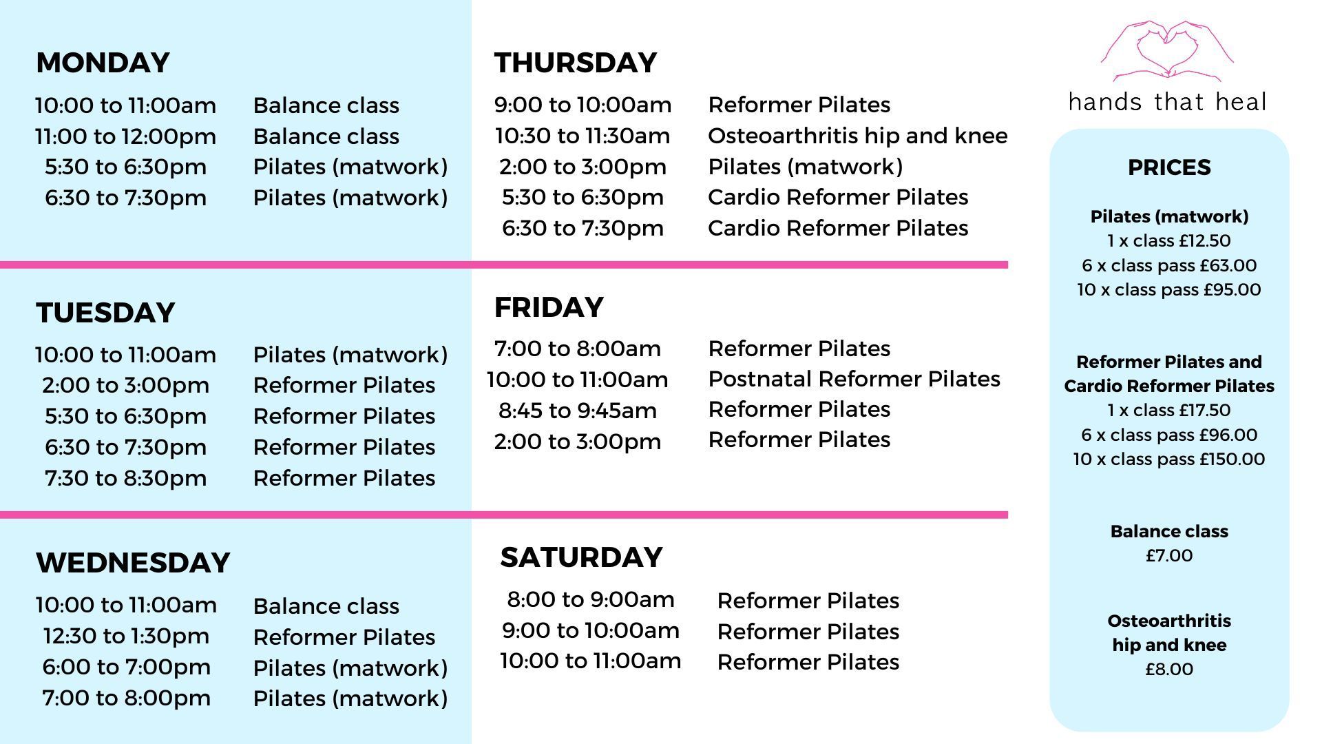 The Hands That Heal exercise class timetable