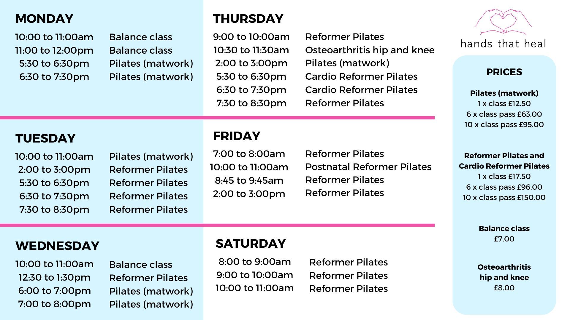 The Hands That Heal exercise class timetable