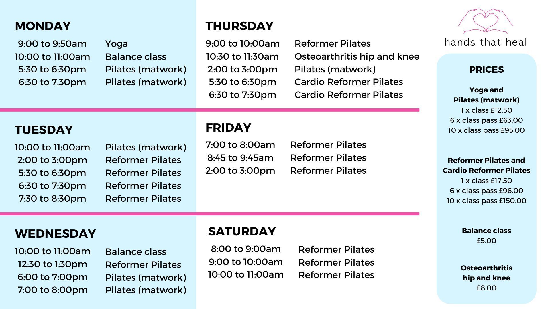 The Hands That Heal class exercise timetable 