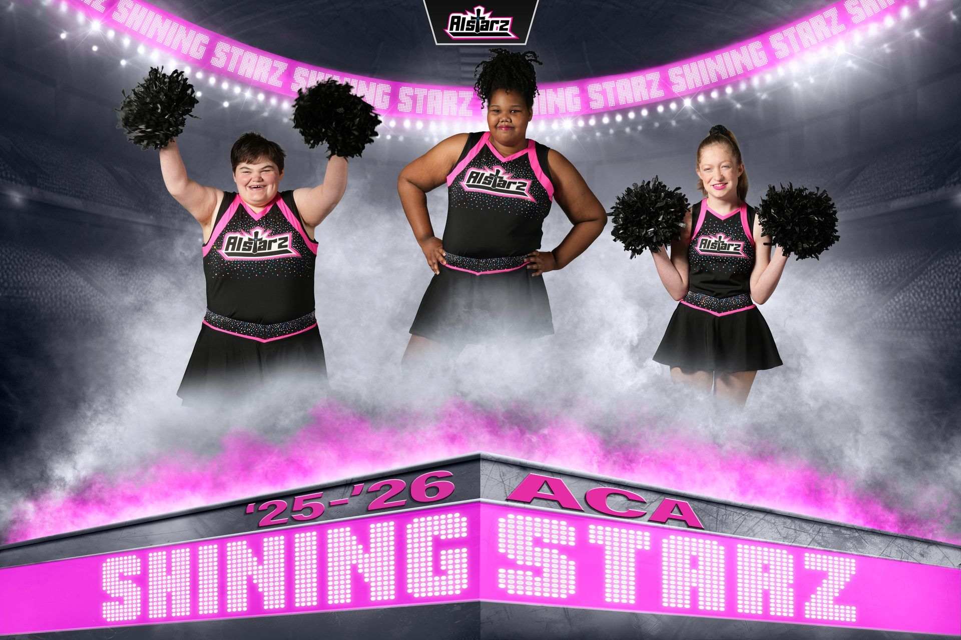 A group of cheerleaders are posing for a picture with the words shining stars behind them.