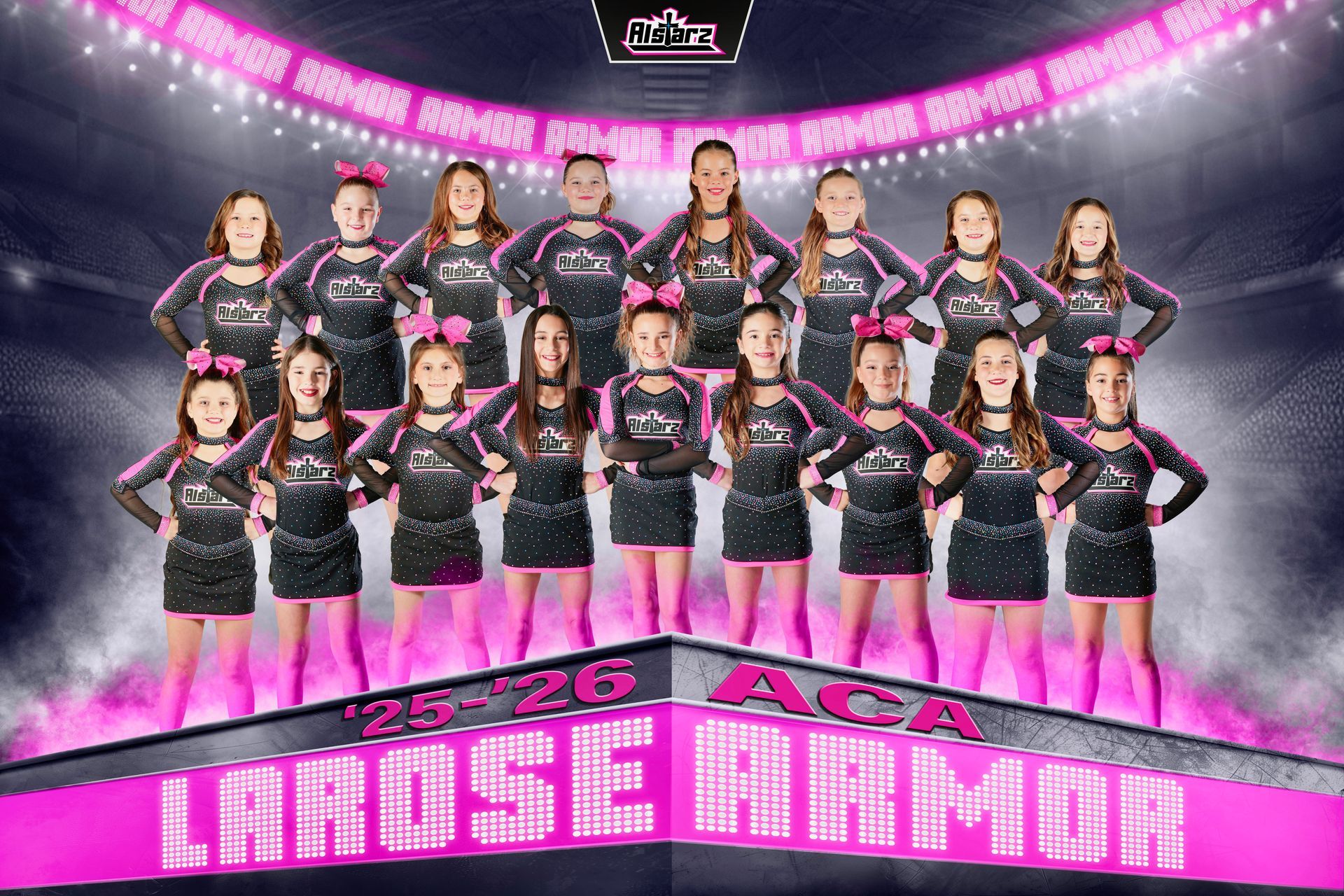 A group of cheerleaders are posing for a picture.