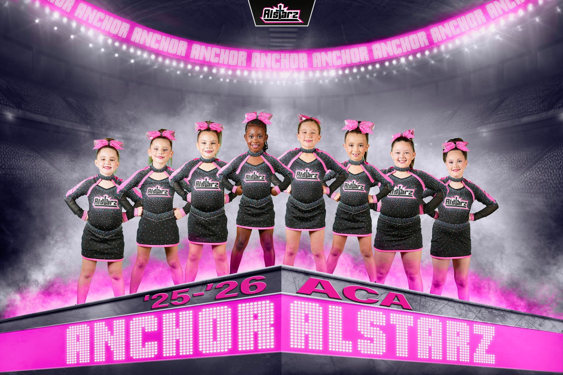 A group of cheerleaders are posing for a picture.