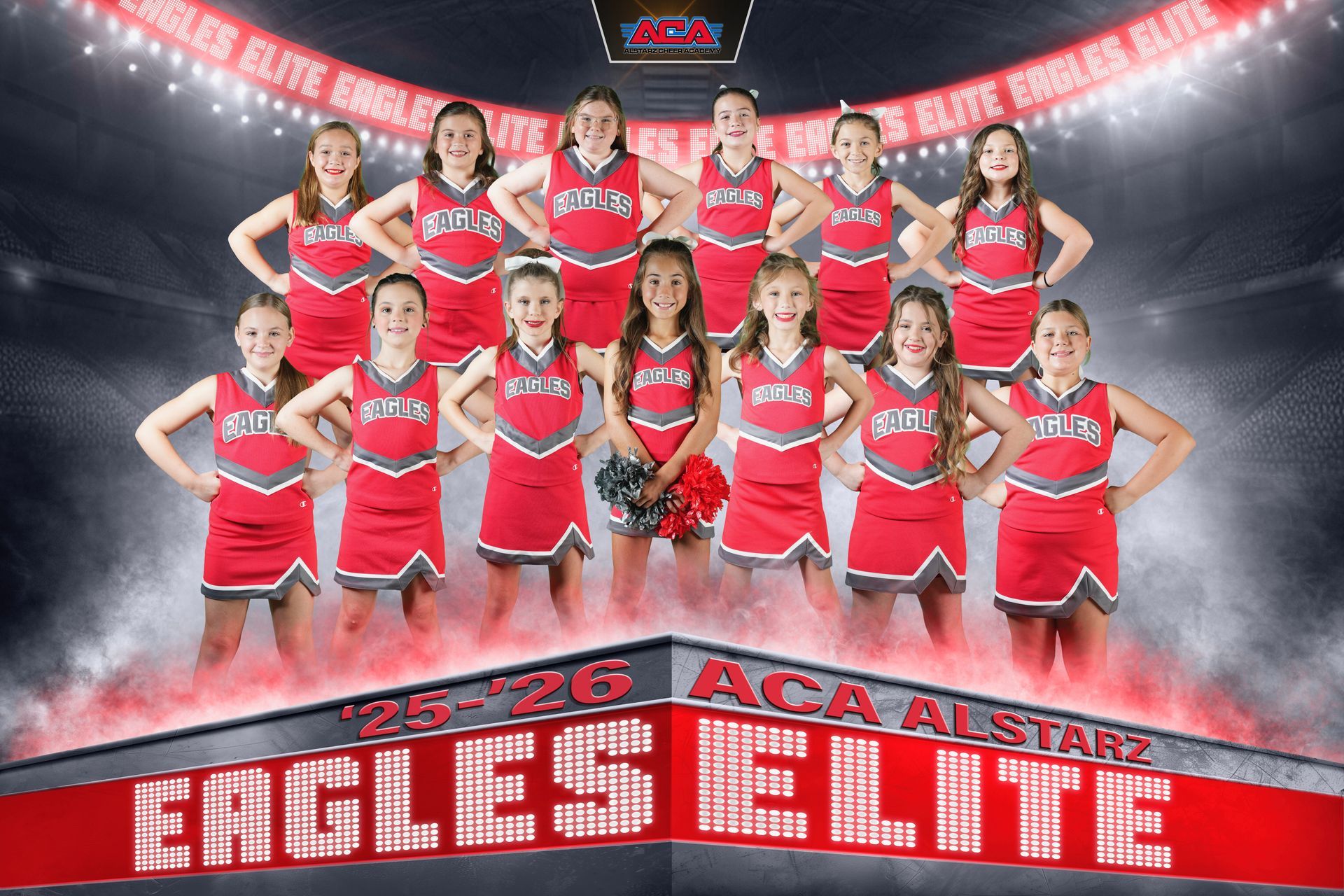 A group of cheerleaders are posing for a picture.