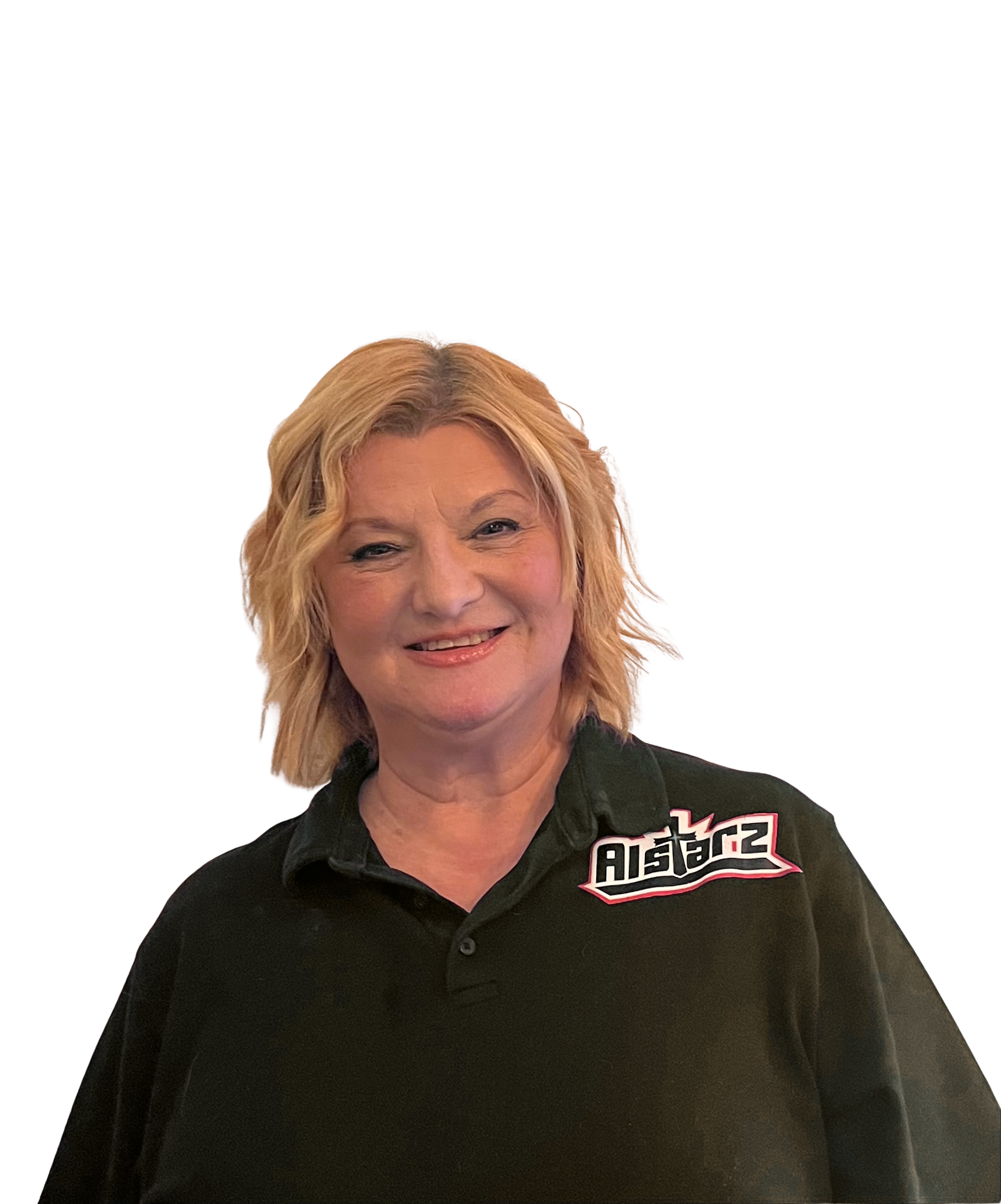 A cheerleader wearing a red top and skirt is standing with her hands on her hips.