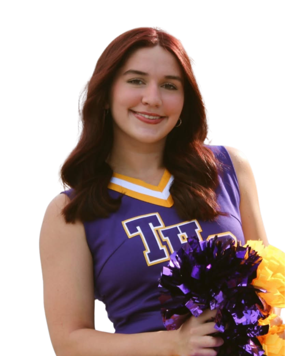 A cheerleader is wearing a red top and a red skirt.