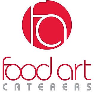 A red and white logo for food art caterers.
