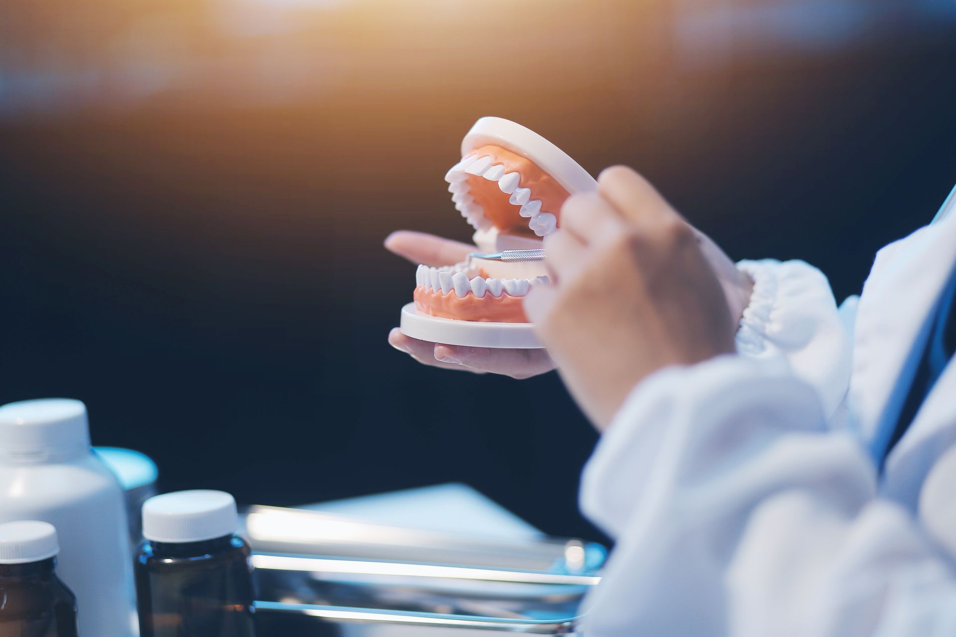 A person in a lab coat holds a dental model, demonstrating teeth.
