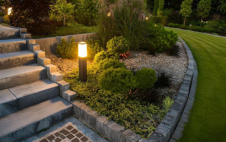 A garden with stairs and a lamp in the middle of it.