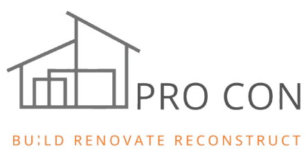 Logo for Pro Con: house outline with "PRO CON" text, tagline "BUILD RENOVATE RECONSTRUCT".