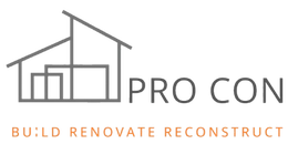 Logo for Pro Con: house outline with "PRO CON" text, tagline "BUILD RENOVATE RECONSTRUCT".