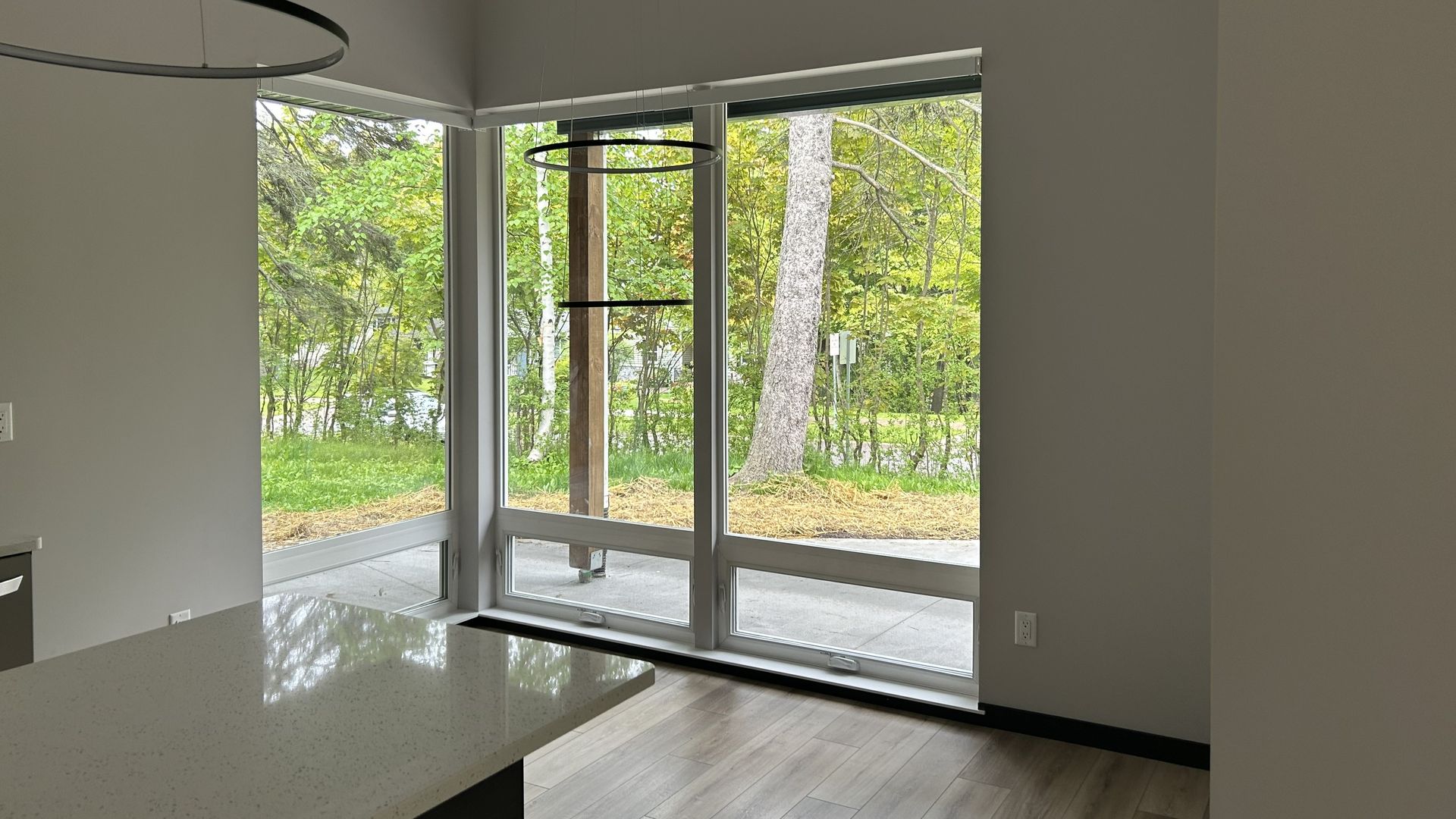Modern interior with large windows overlooking greenery. Sunlight streams in.