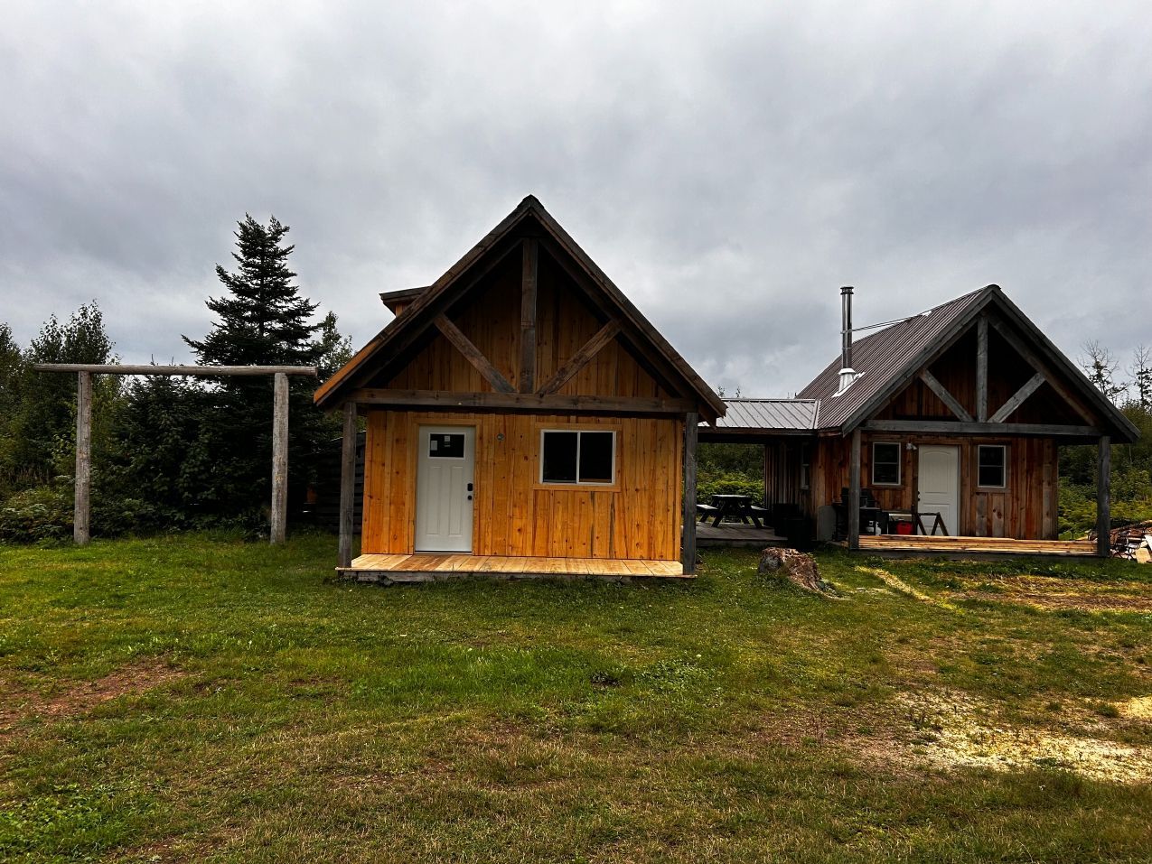 Two rustic wooden cabins with a grassy yard under an overcast sky.