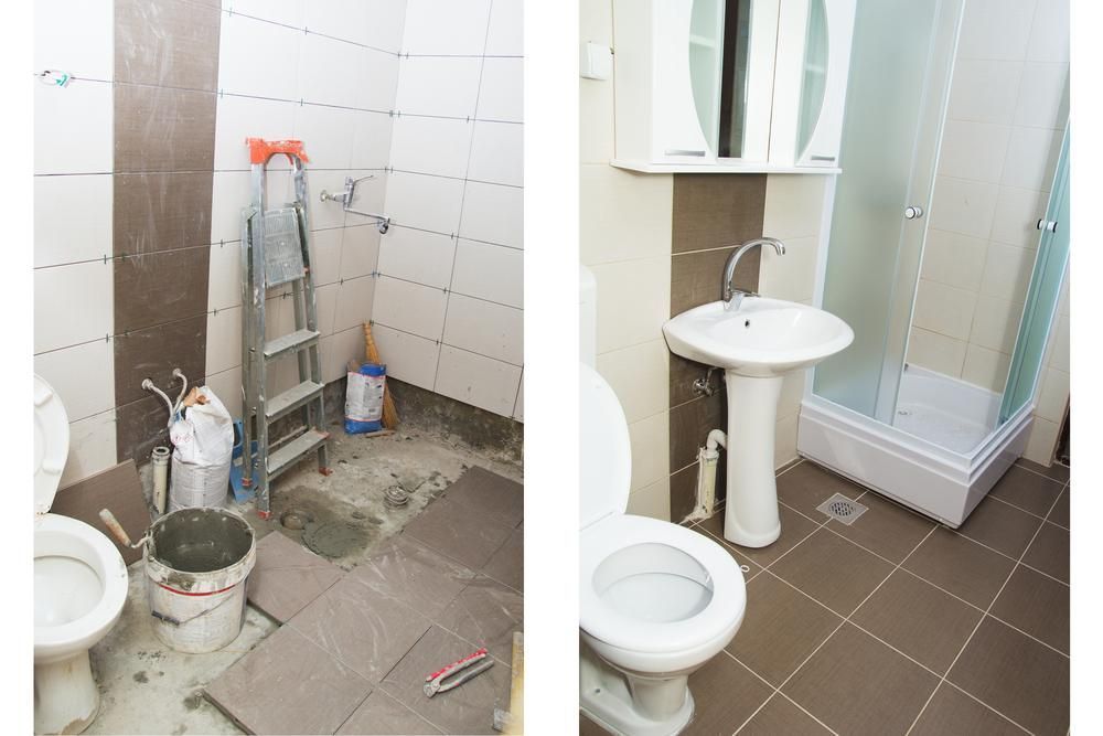 Bathroom Renovation, Tiles Being Laid, Completed Bathroom With Toilet, Sink, and Shower — ABV Plumbing In Avoca Beach, NSW