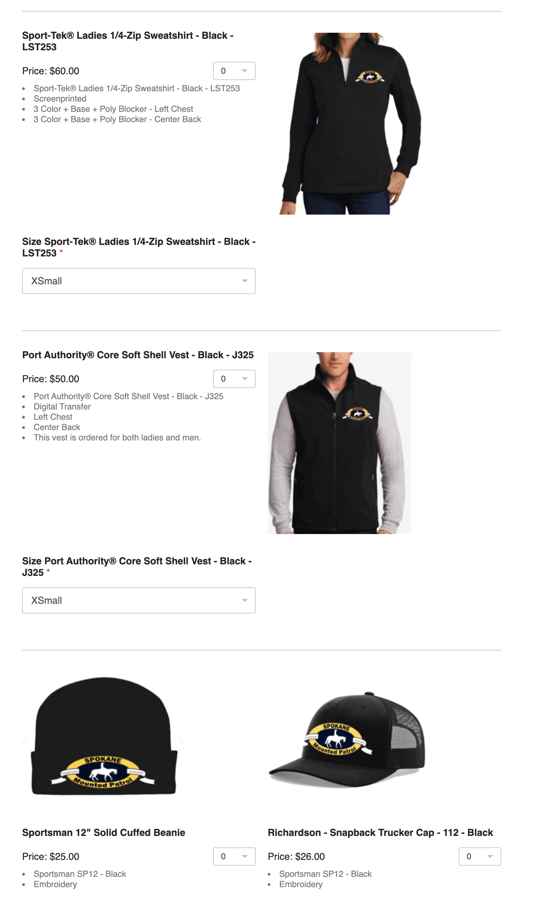 A screenshot of a website showing a hoodie , vest , hat , and beanie.