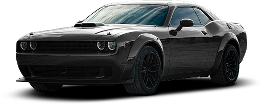 Black Dodge Challenger sports car on a white background, front-left view | Speedway Auto Care