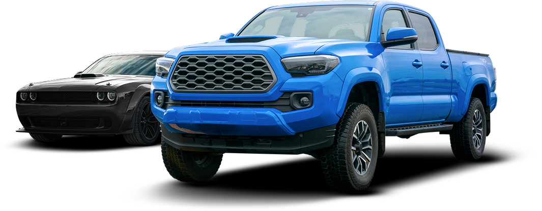 Blue pickup truck in front of a black sports car on a white background | Speedway Auto Care