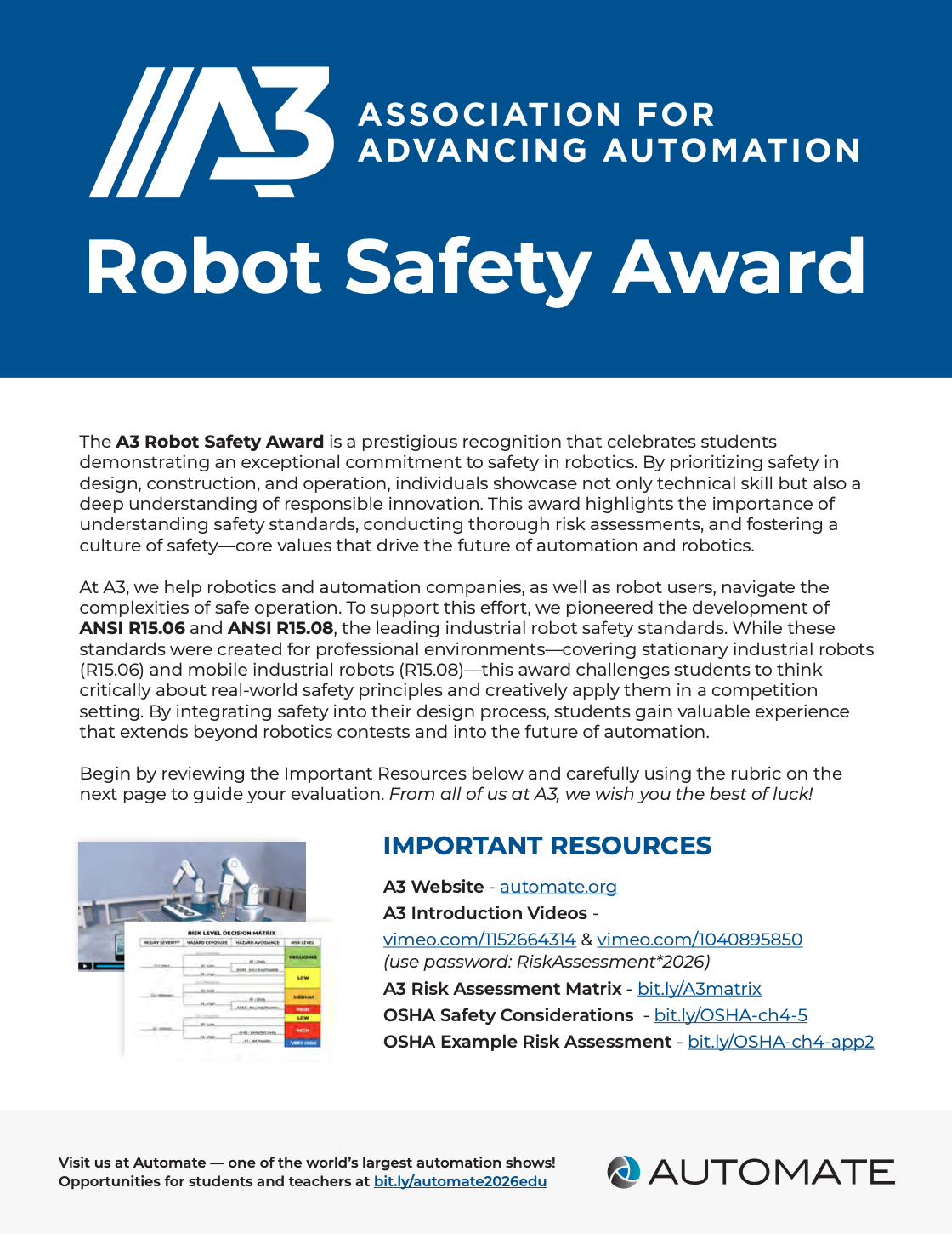 A poster for the association for advancing automation robot safety award.