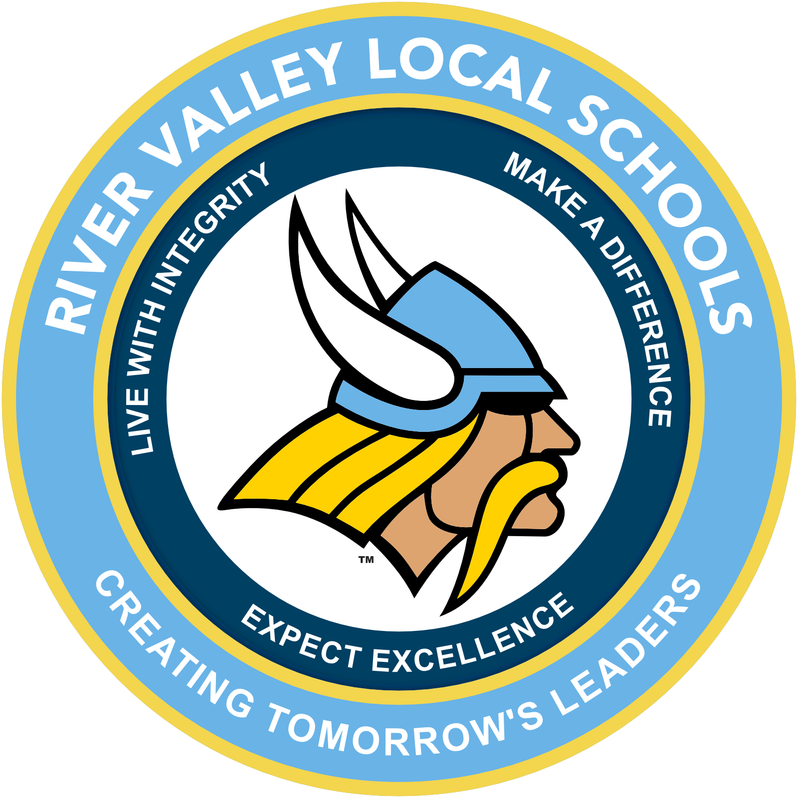 A logo for river valley local schools with a viking head