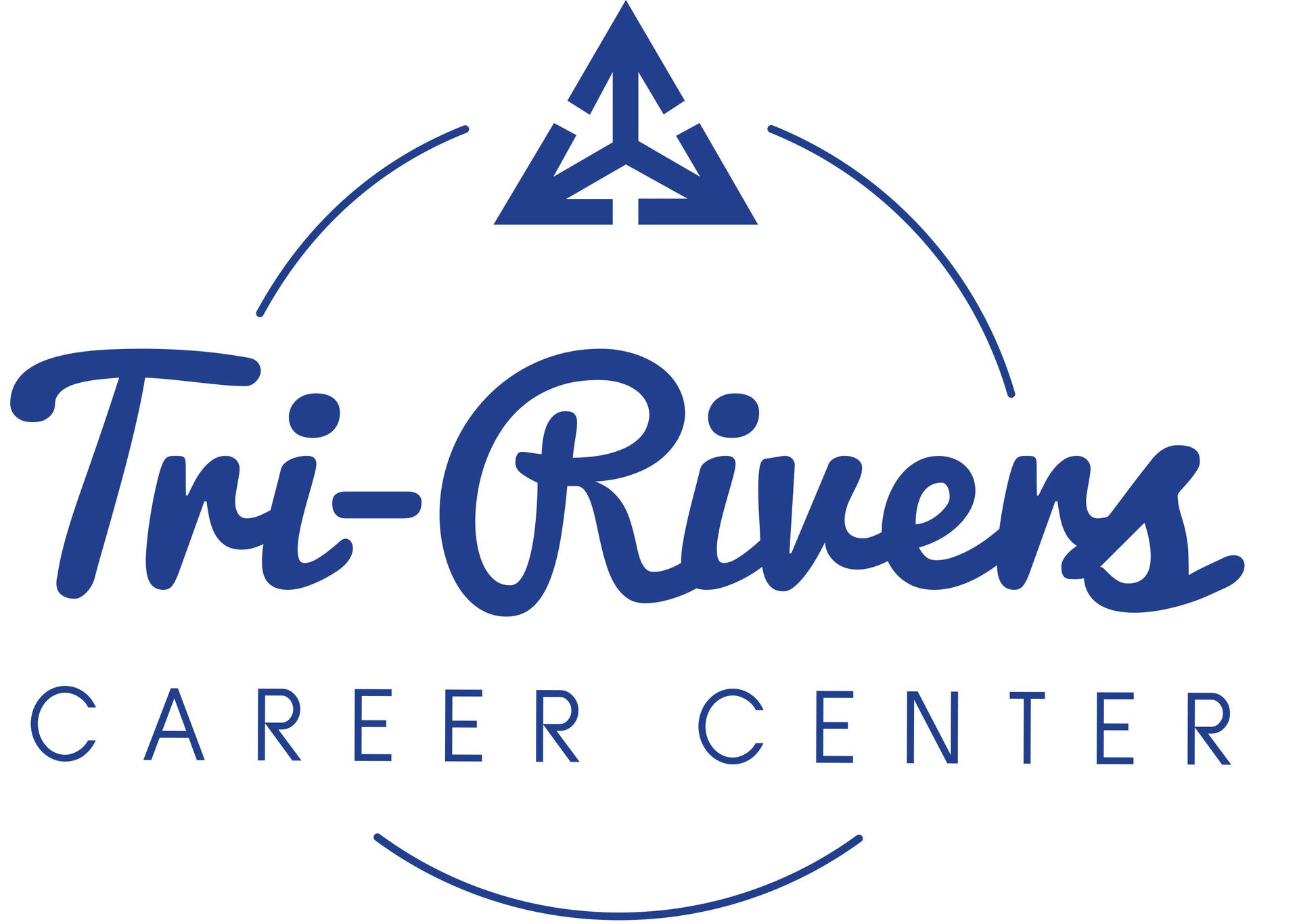 The tri-rivers career center logo is blue and white with a triangle in the middle.