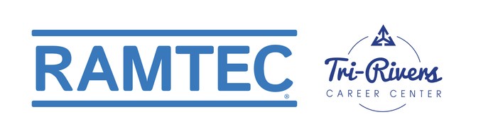 The logo for ramtec tri-river career center is blue and white.