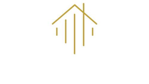 Gold house outline with vertical lines, representing growth or a stylized upward motion.