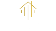 Gold house outline with vertical lines, representing growth or a stylized upward motion.