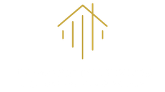 Gold house outline with vertical lines, representing growth or a stylized upward motion.